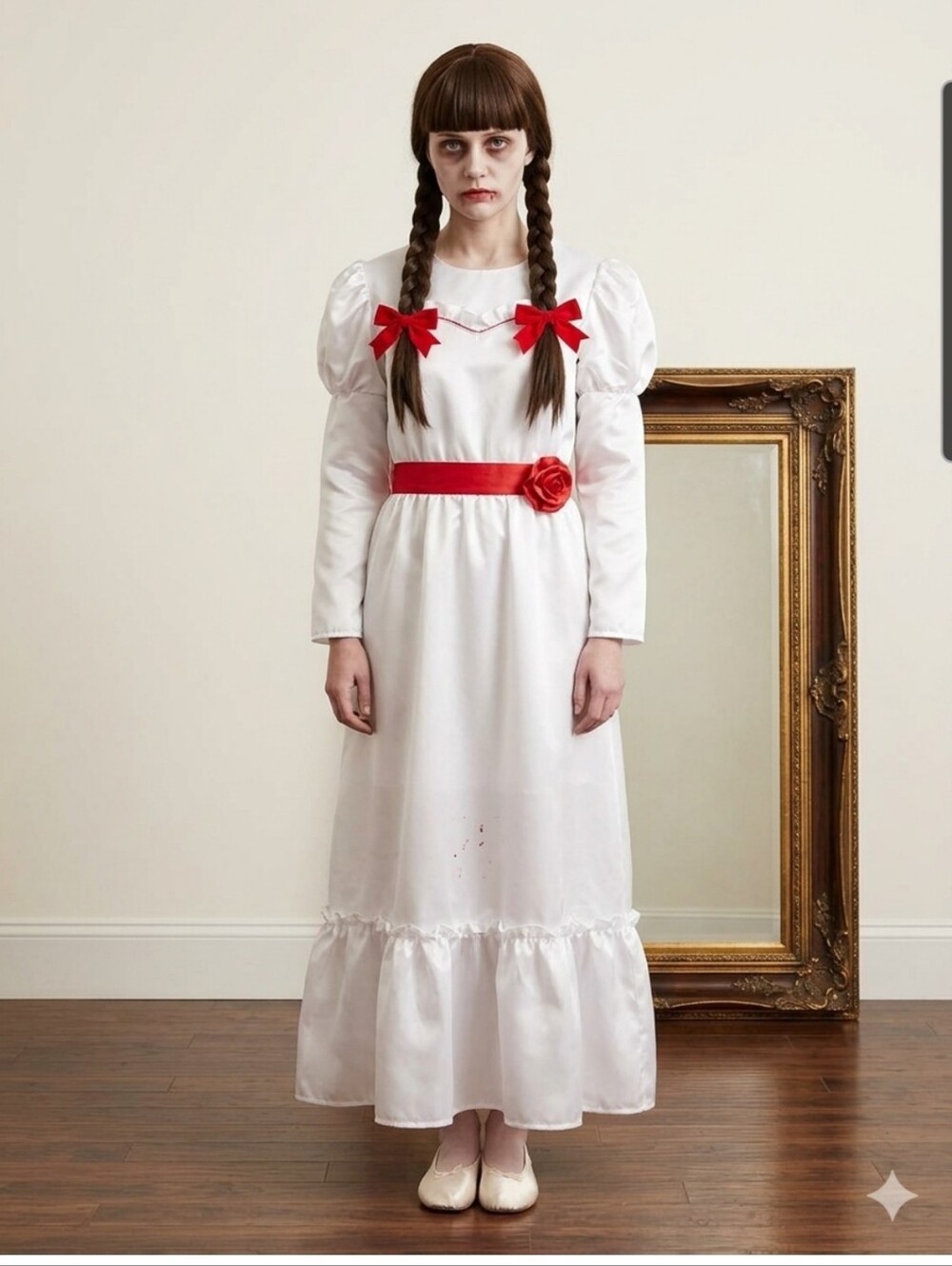 The Conjuring Annabelle Doll Cosplay Costume Bundle - Adult Large Dress Wig Bows